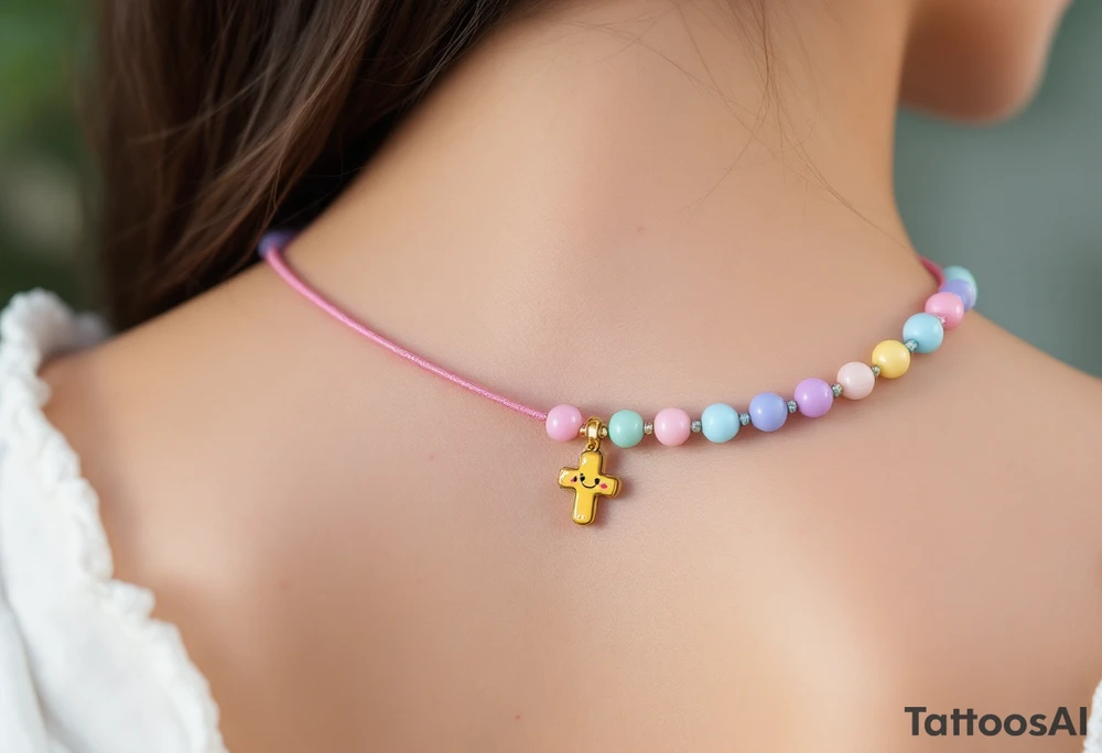 Cheerful cartoon‑style each glossy bead a bright pastel (alternating sky‑blue, mint‑green, and soft lavender), linked by smooth bubble‑gum‑pink cord; the small cross charm at the end is a rounded, chibi‑proportioned golden yellow with a friendly smiley face and tiny sparkles to accent the playful, lighthearted vibe—overall rendered with bold black outlines and subtle cell‑shading for a lively, animated look. tattoo idea