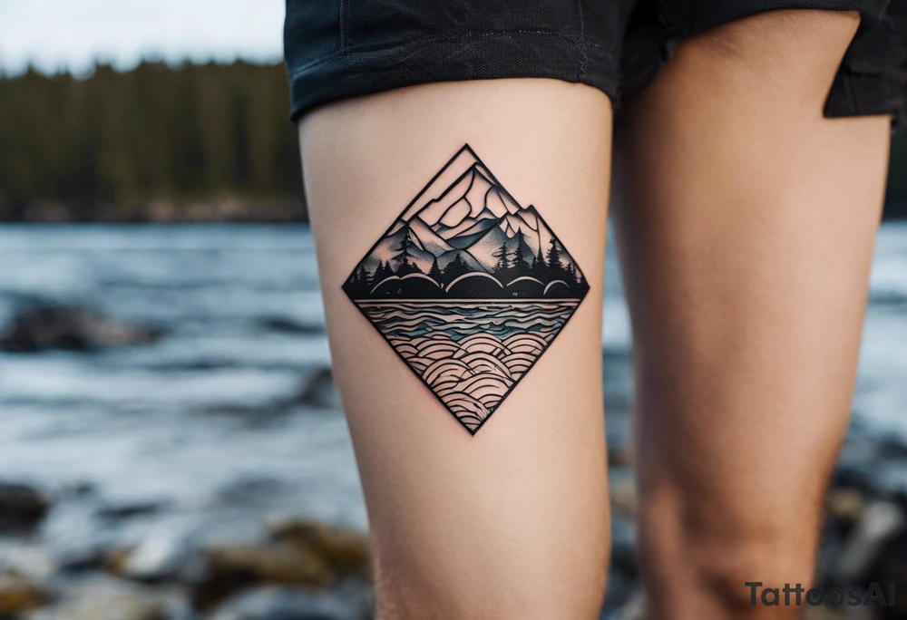 This is a minimalistic tattoo that is split into 2 sections; a top half and a bottom half. The top half is a mountain in Norway with a mountain bike trail winding down the mountain. The bottom half of the tattoo depicts an underwater scene featuring water, and sea life. tattoo idea