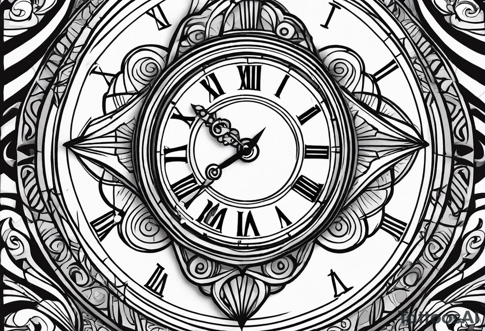 Draw me a tattoo located on the shoulder and upper arm of a man. The tattoo represents a clock in an hourglass with Roman numerals in the background. It is a symbol of the passing of time. tattoo idea