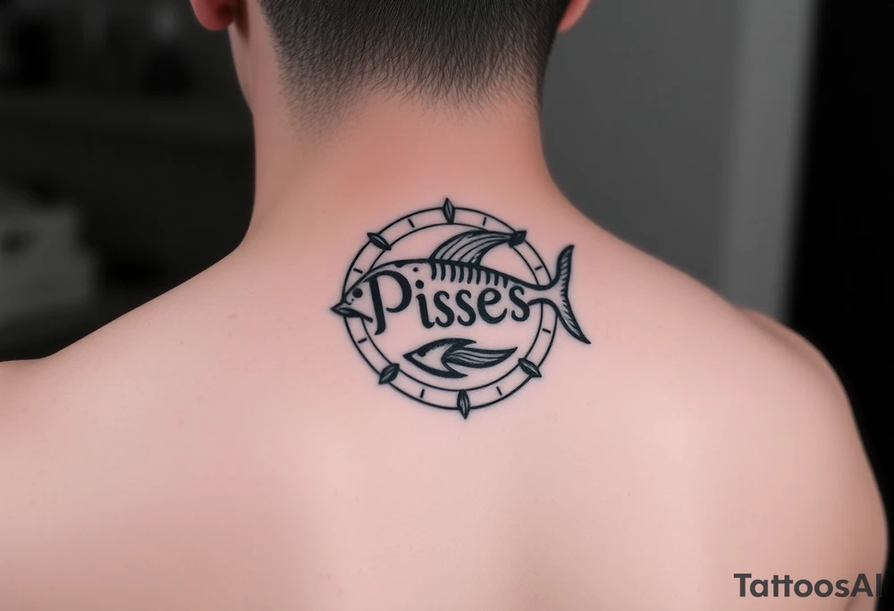 unique zodiac sign around the word Pisces tattoo idea