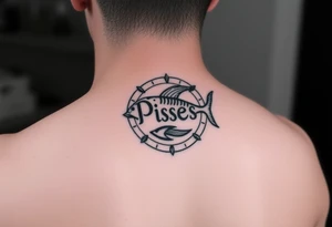 unique zodiac sign around the word Pisces tattoo idea
