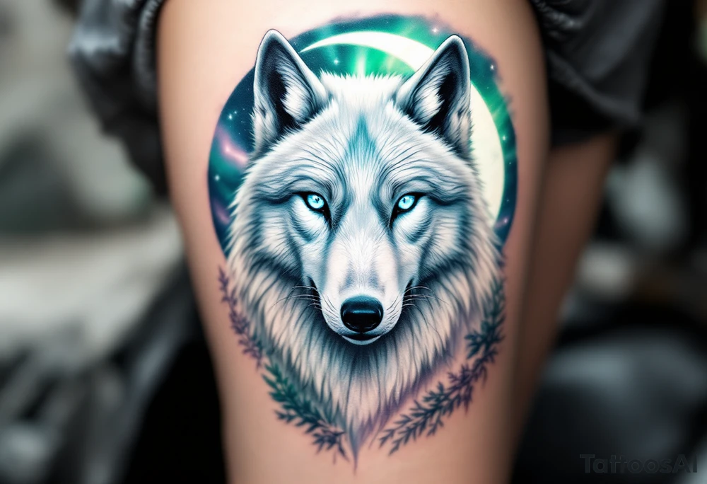 White arctic wolf with piercing blue eyes standing beneath a soft glowing crescent moon, with a northern lights sky in green, purple, and teal. tattoo idea