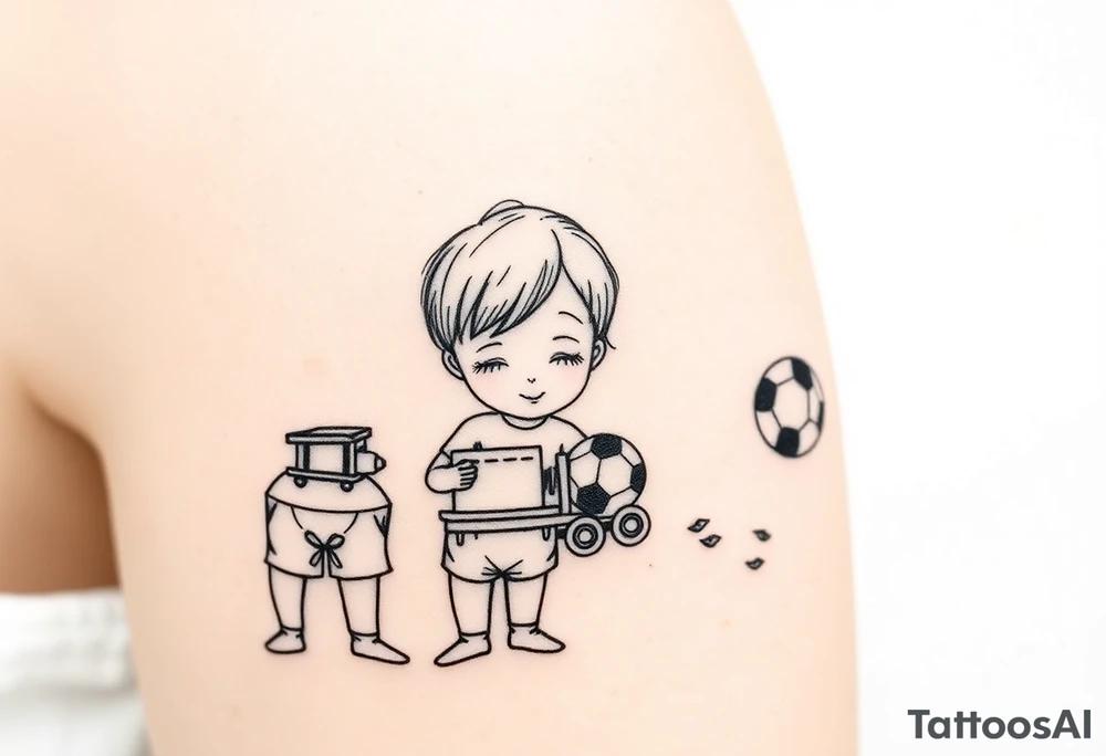 two small boys with their mother  a small train toy and a small football toy. tattoo idea