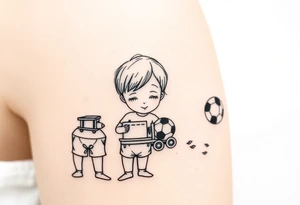 two small boys with their mother  a small train toy and a small football toy. tattoo idea