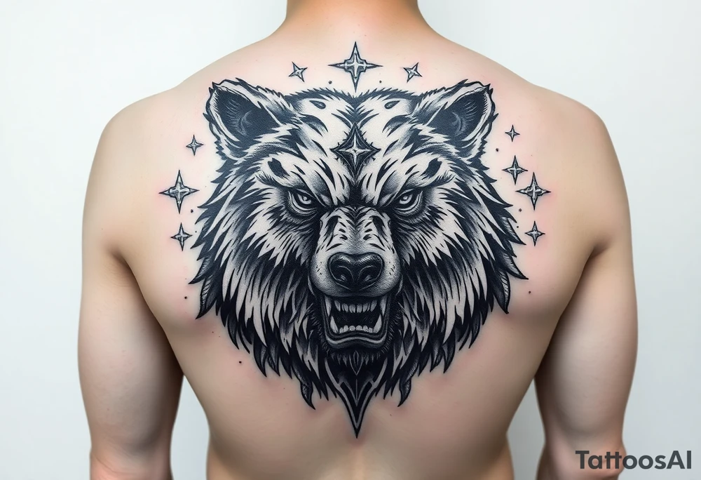 powerful majestic bear, surrounded by interstellar and arcane mage vibes - arm sleeve tattoo idea