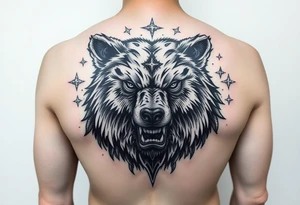 powerful majestic bear, surrounded by interstellar and arcane mage vibes - arm sleeve tattoo idea