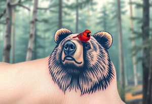 Cardinal sitting on a bear’s nose. The bear looks happy. Forest background tattoo idea