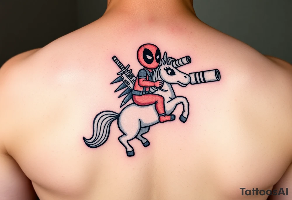 Deadpool riding cartoon unicorn holding rocket propelled grenade launcher tattoo idea