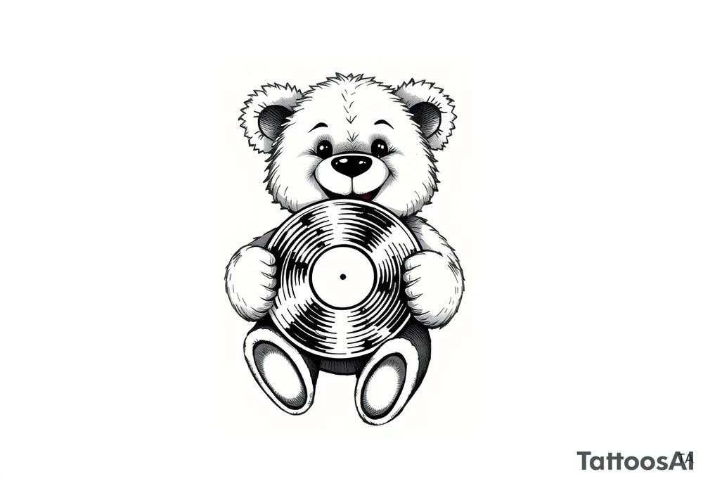 smiling cartoon teddy bear holding a vinyl record tattoo idea