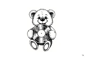 smiling cartoon teddy bear holding a vinyl record tattoo idea