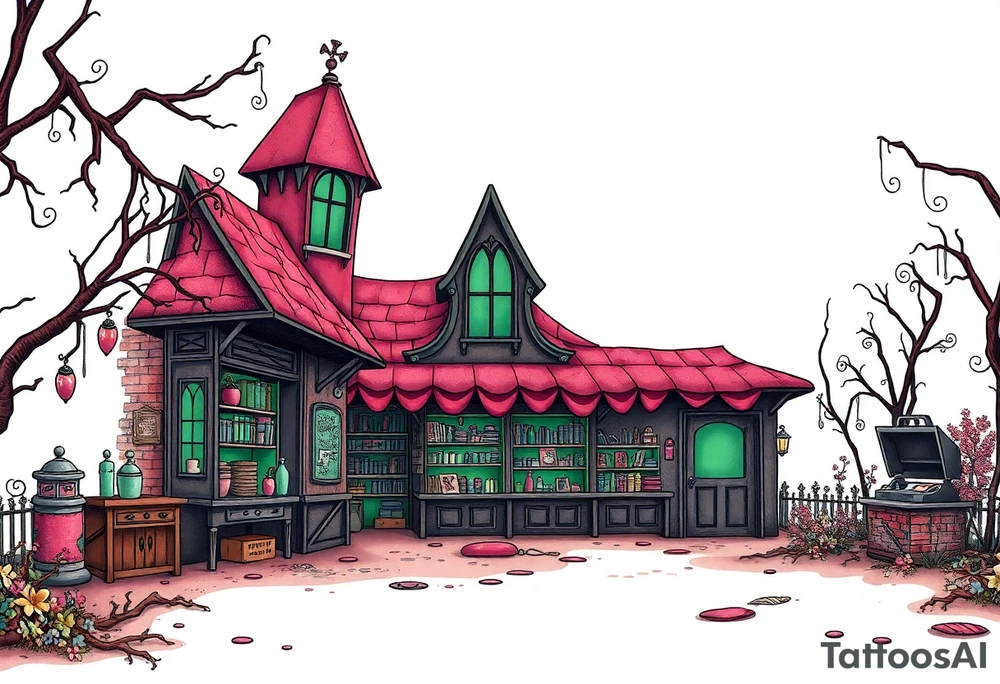 Tim Burton’s hobby shop from outside viewis abandoned and dripping with muted reds, dusty pinks, and eerie green glow. tattoo idea tattoo idea