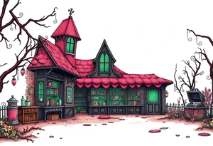 Tim Burton’s hobby shop from outside viewis abandoned and dripping with muted reds, dusty pinks, and eerie green glow. tattoo idea tattoo idea