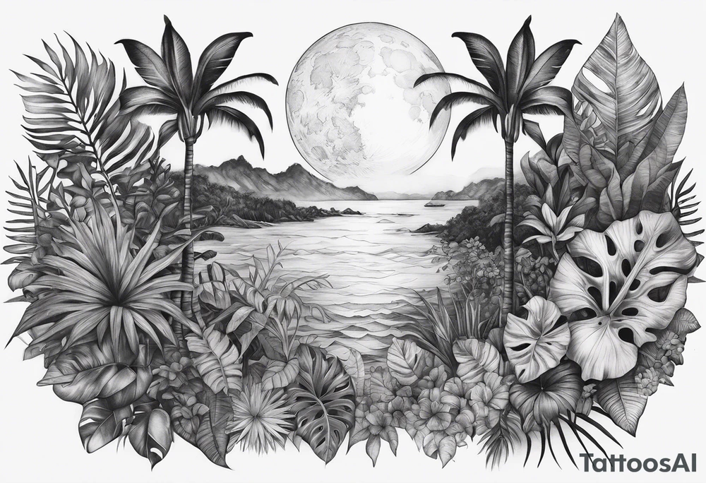 full sleeve, jungle plants, ocean, moon tattoo idea