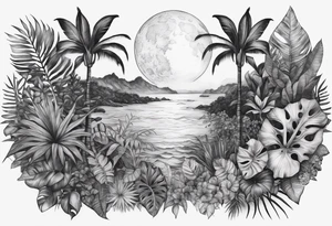 full sleeve, jungle plants, ocean, moon tattoo idea