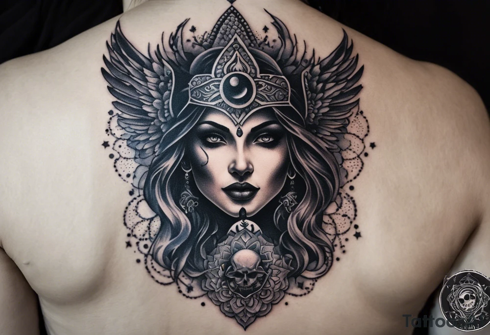 black kali, goddess pirate, alien, angel, pachamama, valkrye, warrior, flying, skull, lotus azul, wing, eagle, zenza resonance, stars, 5D, anahata chakra, death, durga, riding on a tiger, flying lady, kundalini, chest tatoo, rebel tattoo idea