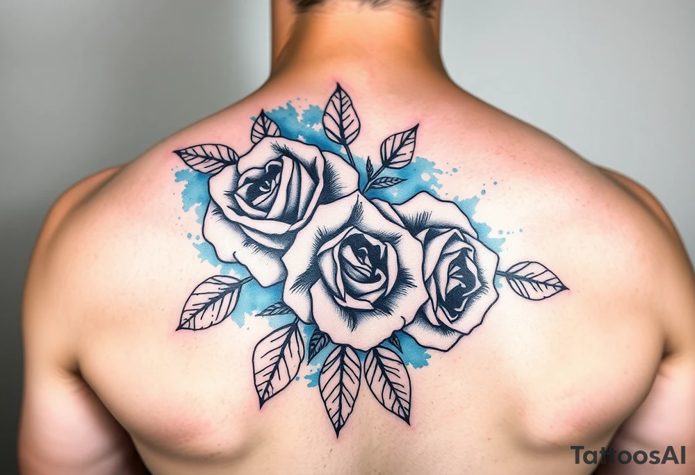 Black and white roses with blue watercolour behind tattoo idea