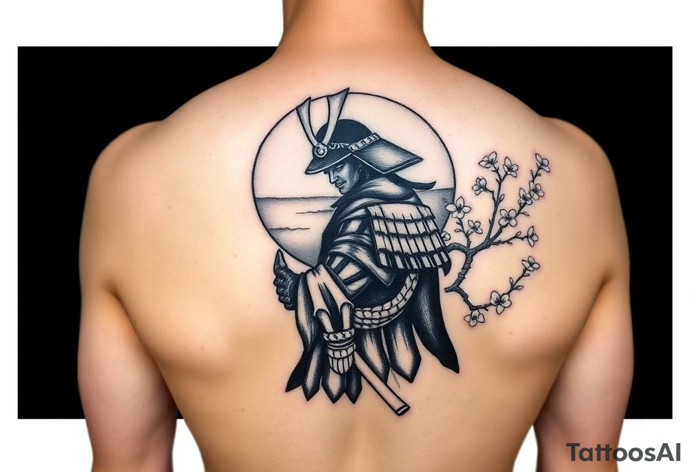 noble samurai warrior silhouette at sunset with cherry blossoms tattoo idea