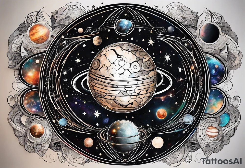 A tattoo featuring a cosmic scene with planets, black holes, and supernovae intertwined with intricate linguistic symbols, reflecting the client's interests in cosmology and linguistics. tattoo idea