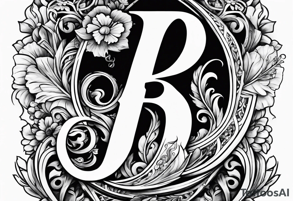 The letter b in bold with the names Alec Hannah and Raelynn inside the b tattoo idea