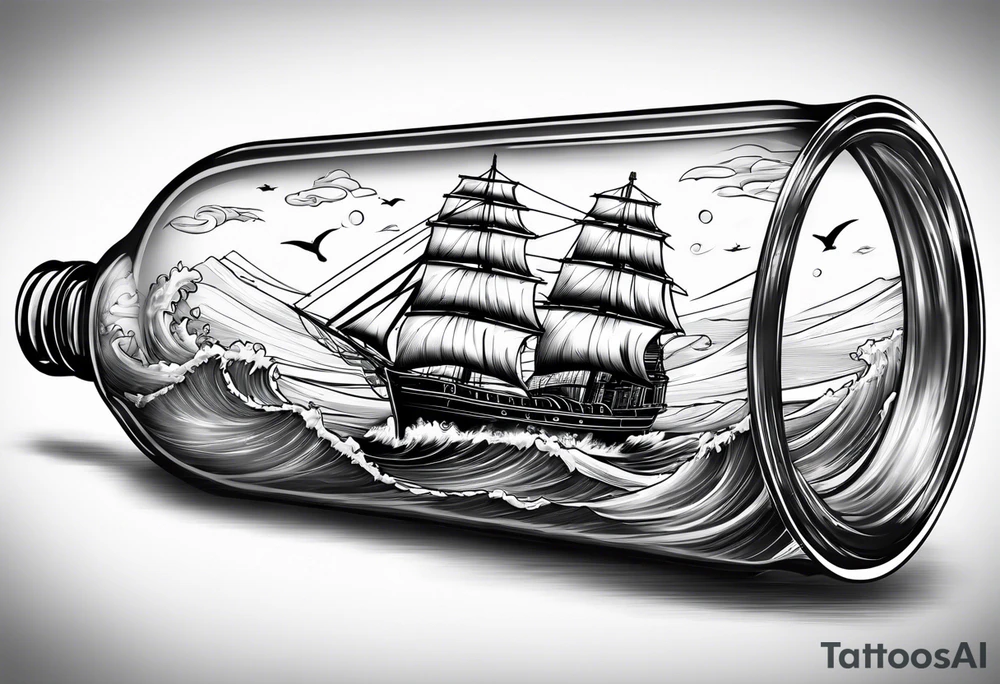 ship in a bottle, but the ship is in a storm tattoo idea