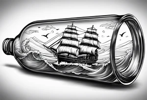 ship in a bottle, but the ship is in a storm tattoo idea