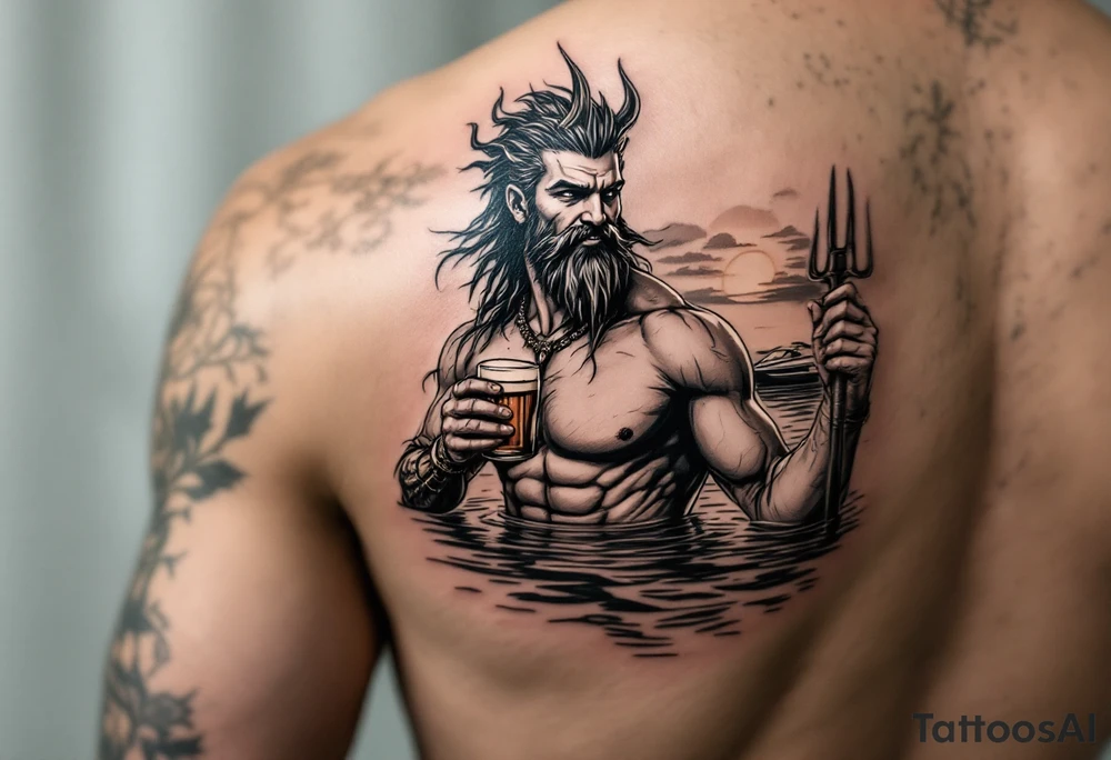 young, happy, fit poseidon in calm water, holding a trident, drinking a beer, with sunset, with ski boat tattoo idea