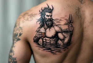 young, happy, fit poseidon in calm water, holding a trident, drinking a beer, with sunset, with ski boat tattoo idea