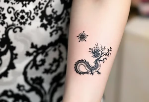 dragon japanese style sakura trees fallen aesthetic tattoo idea