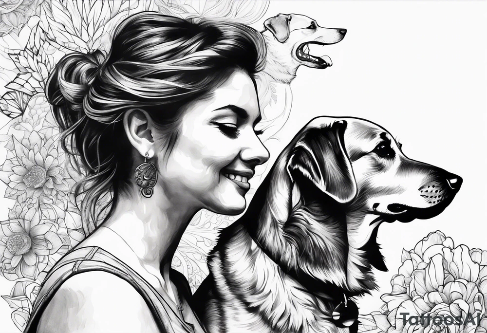 dog in the air facing woman tattoo idea