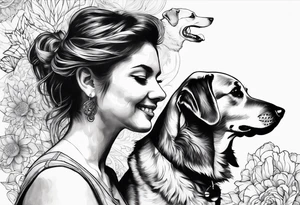 dog in the air facing woman tattoo idea