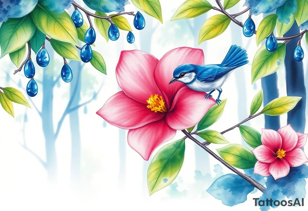 forest background with blue rain drops, pink camelia flower and blue wren bird tattoo idea
