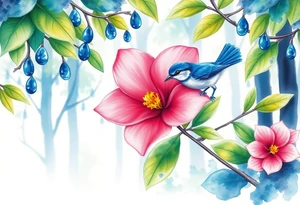 forest background with blue rain drops, pink camelia flower and blue wren bird tattoo idea