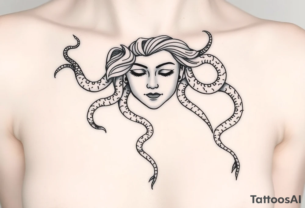 Closed-eye Medusa, calm and peaceful
Broken snake strands at the ends, fading softly
Overall feeling: healing
Right side of chest
Size: 2-3 inches
Fine-line/ single-needle
No heavy black fills
2-3 variations so I can compare softness levels tattoo idea