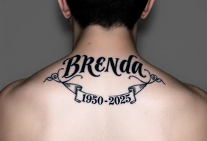 "BRENDA" VIERTICALLY WITH RIBBONS UNDERNEATH SHOWING 1950-2025 tattoo idea