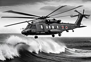 Canadian military grey CH-148 Cyclone helicopter soaring low over rough, ocean waves. In the background, a poppy be prominently displayed tattoo idea