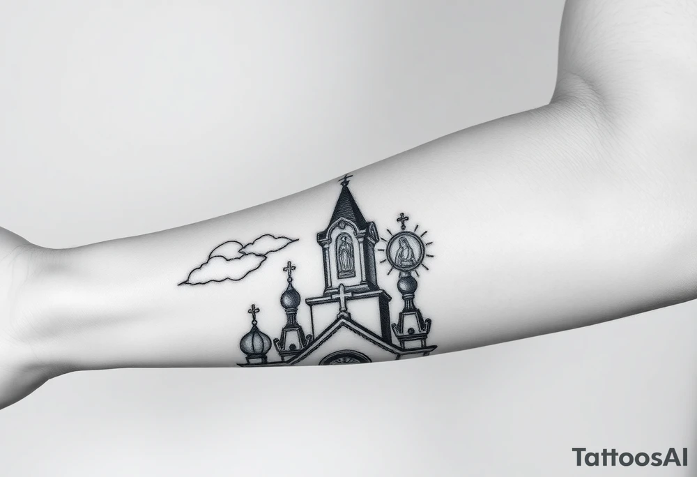 Russian Orthodox church with orthodox spire crosses, with clouds above it and a virgin mary seperately over looking sat above tattoo idea