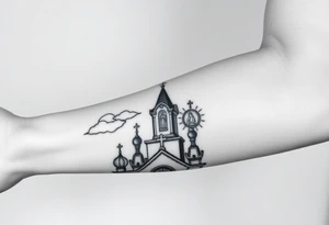Russian Orthodox church with orthodox spire crosses, with clouds above it and a virgin mary seperately over looking sat above tattoo idea