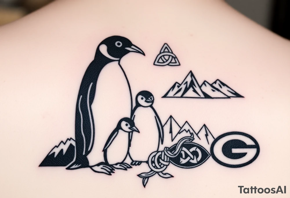 compilation outlining important things in my life such as one adult emperor penguin and 3 baby penguins, celtic trinity knot, mountains/nature, the green bay packers, and something to represent my 3 boys tattoo idea