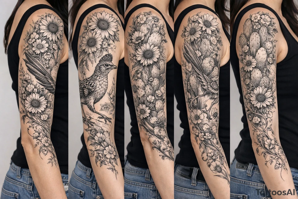 Wildflowers,sunflowers and Indian blanket flowers with vines and cactus with a realistic road runner tattoo idea