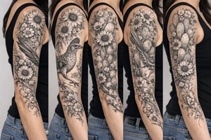 Wildflowers,sunflowers and Indian blanket flowers with vines and cactus with a realistic road runner tattoo idea
