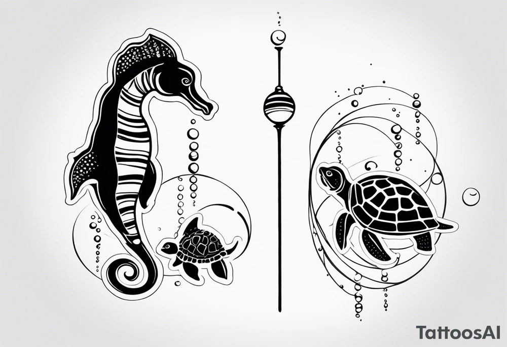 Small Starfish, Seahorse and turtle in a vertical line with bubbles tattoo idea Small Starfish, Seahorse and turtle in a vertical line with bubbles tattoo idea