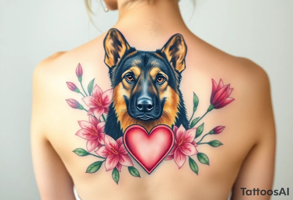realistic german shepherd dog with pink lily flowers and sacred heart tattoo idea