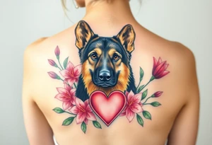realistic german shepherd dog with pink lily flowers and sacred heart tattoo idea