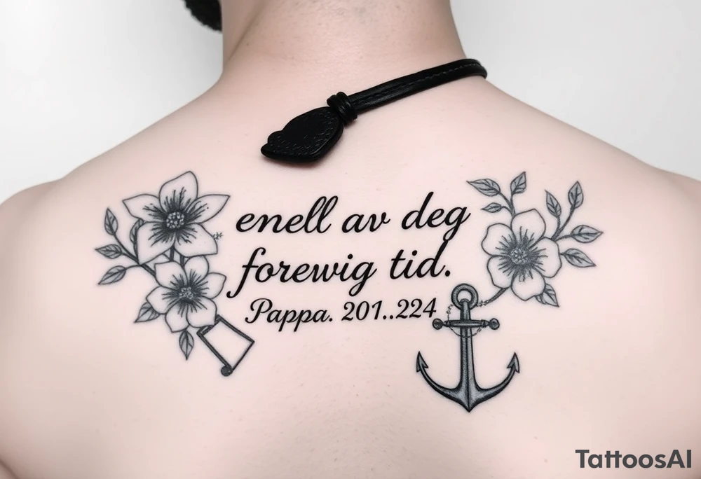 Quote: en del av deg forevig tid. Pappa 20.12.24
Surround the quote with gladiolius, notes, a heart and an anchor tattoo idea