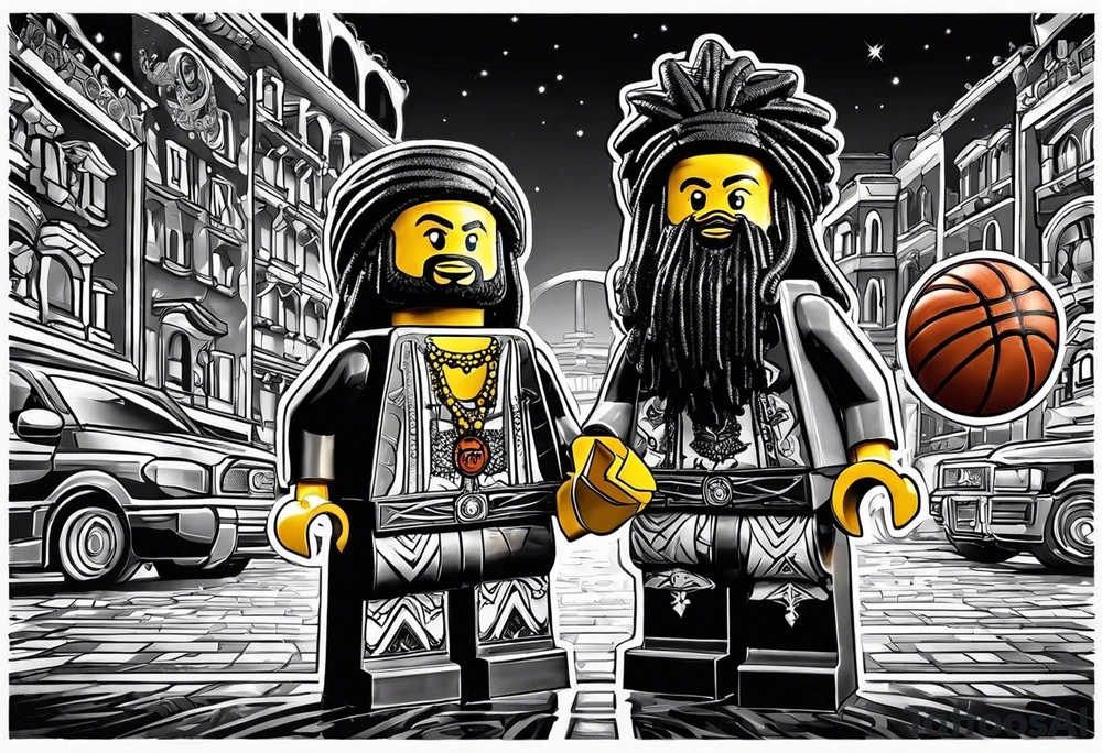 2 Lego figures in one scenery, one of them will be a Rastaman who is looking at the other one dribbling a basketball tattoo idea