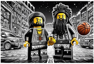 2 Lego figures in one scenery, one of them will be a Rastaman who is looking at the other one dribbling a basketball tattoo idea