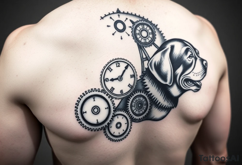 Mechanical round Gears that look like clocks connected to one another Rottweilers  a complete right arm sleeve tattoo idea