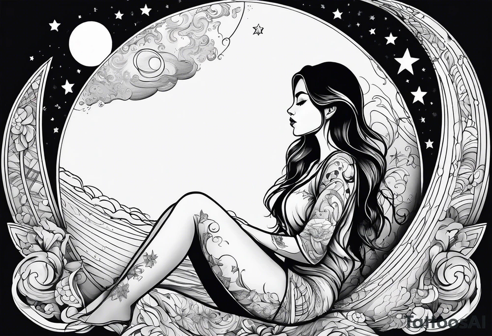 girl sitting on the moon watching the world tattoo idea