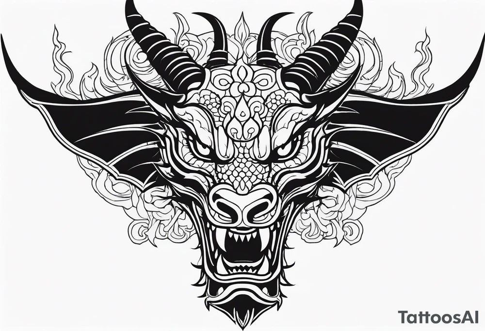 Dragon head facing front, tattoo should look old school Japanese way, dragon mouth should not be open. Long horn tattoo idea