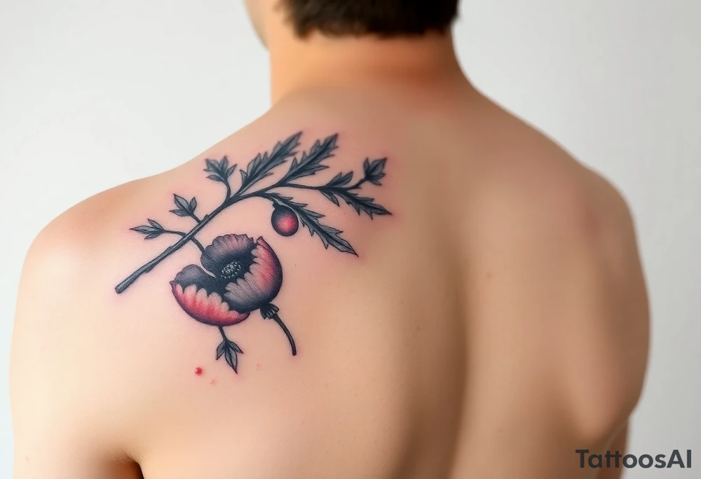 colored tattoo on the shoulder with the image of an oak branch and poppy seeds tattoo idea